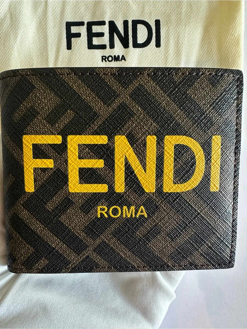 Fendi Roma FF Monogram Yellow Logo Bifold Wallet NWT Dust Bag